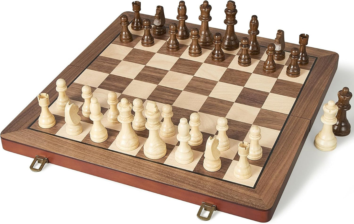 ELONGDI 15 inch folding magnetic wooden chess set with walnut finish - view 8