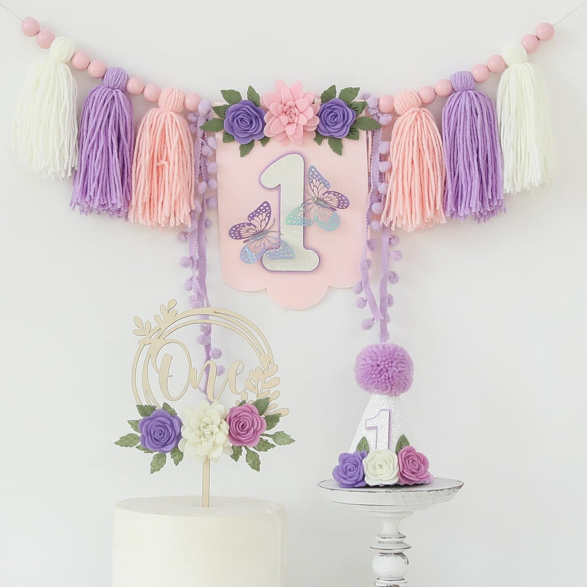 First Birthday Decorations for Boy Blue One Year Old High Chair - Purple White Pink - image 2