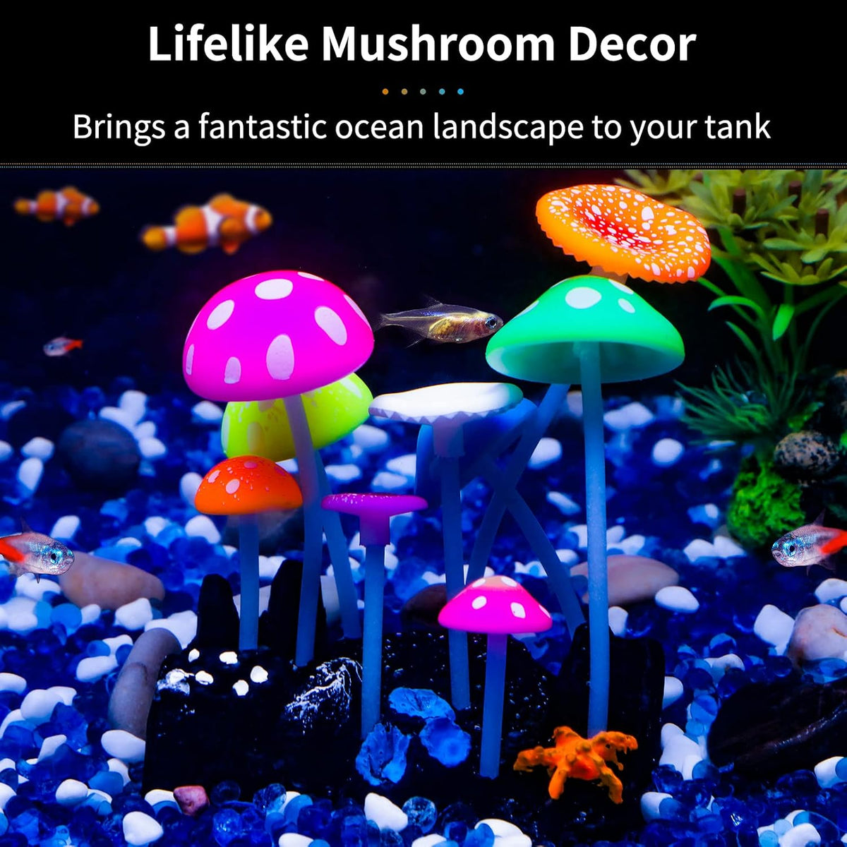 Uniclife glowing artificial mushroom aquarium decor in silicone with suction cup base - view 2
