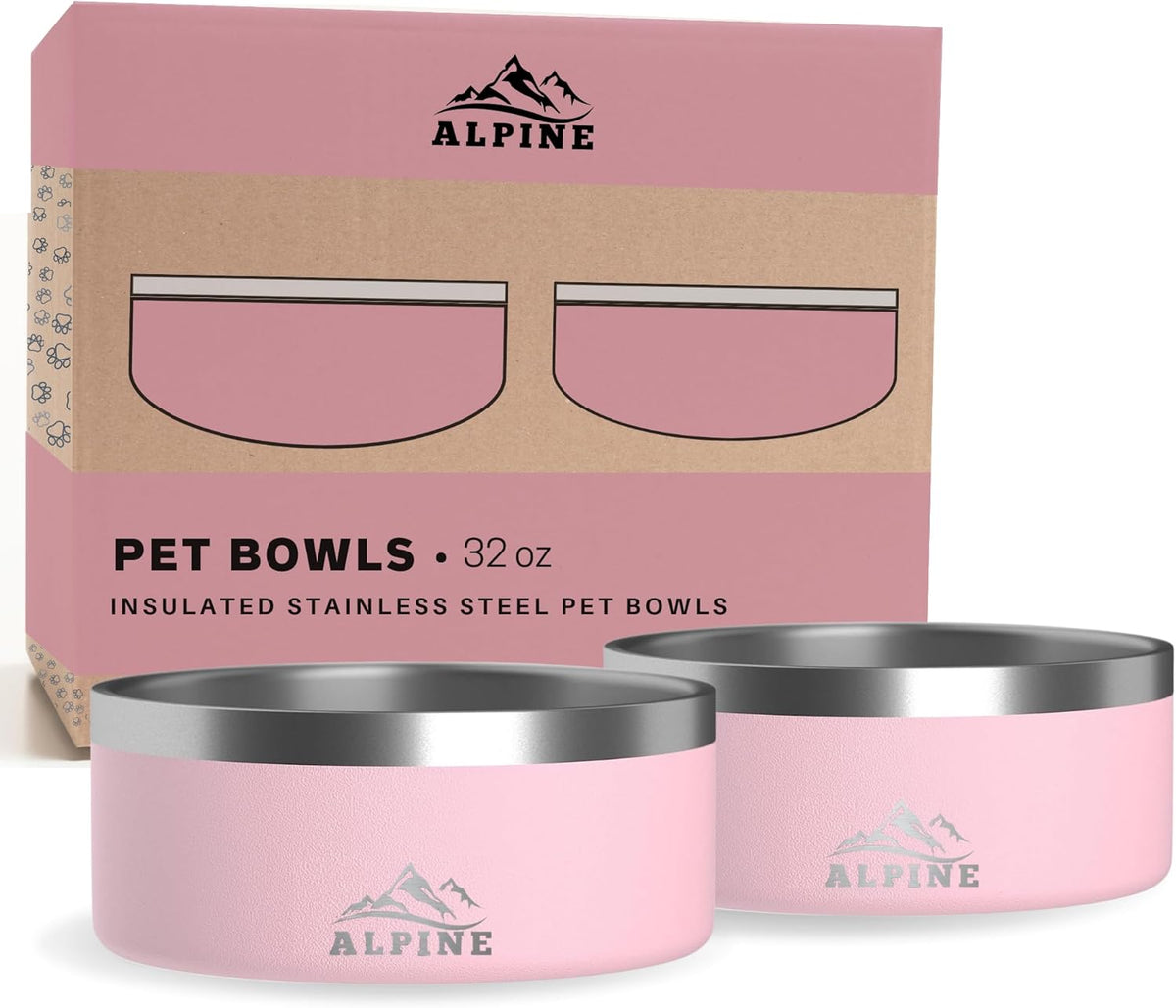 Alpine Set of 2 Stainless Steel Dog Bowls, Non Slip - 32 oz / Pink