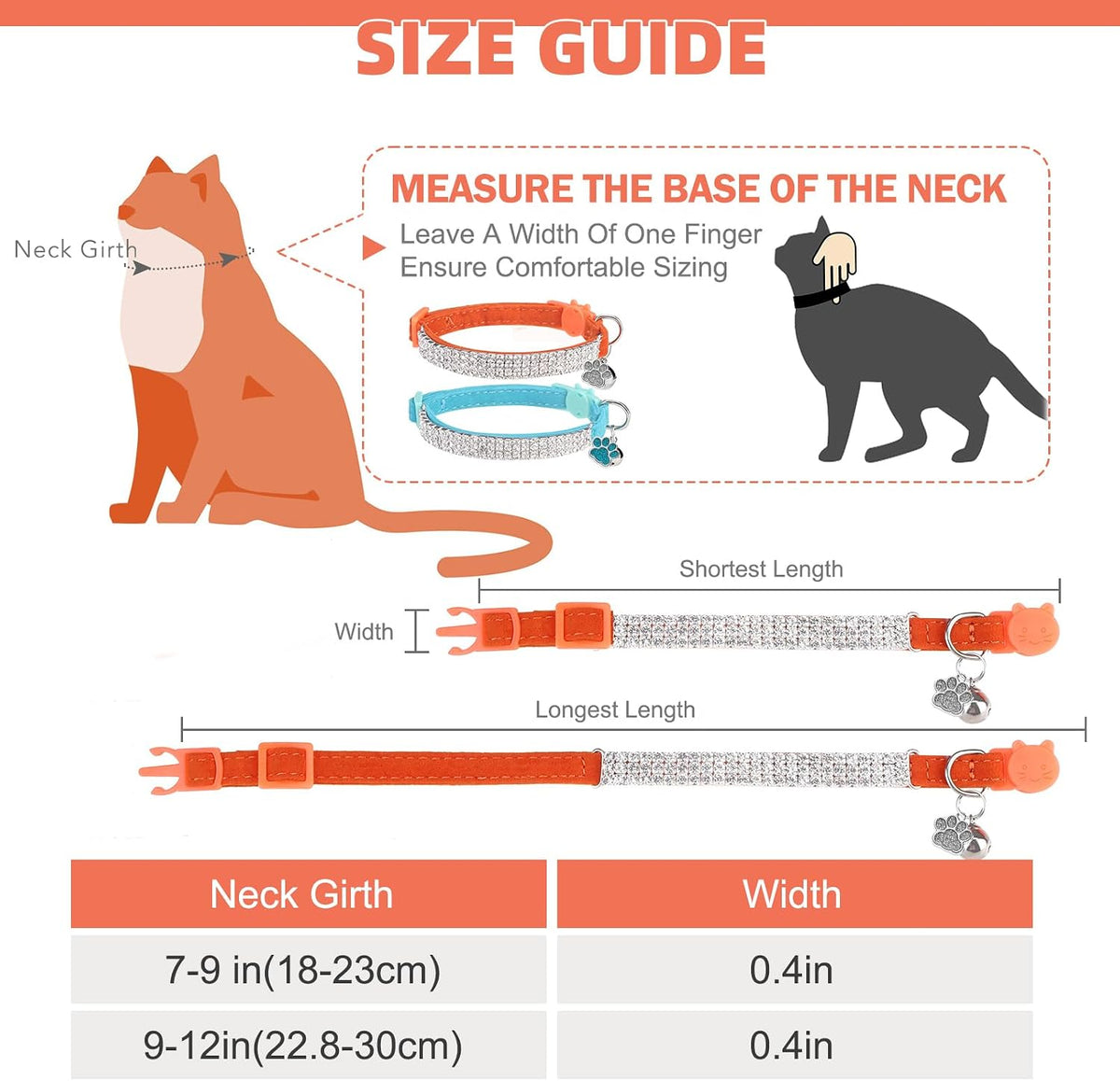 2 Pack Soft Velvet Safe Bling Diamond Cat Collars with Bells – Essentials for Cats - Lake Blue + Orange / 9"-12" Cats / Mini Dogs - image 2