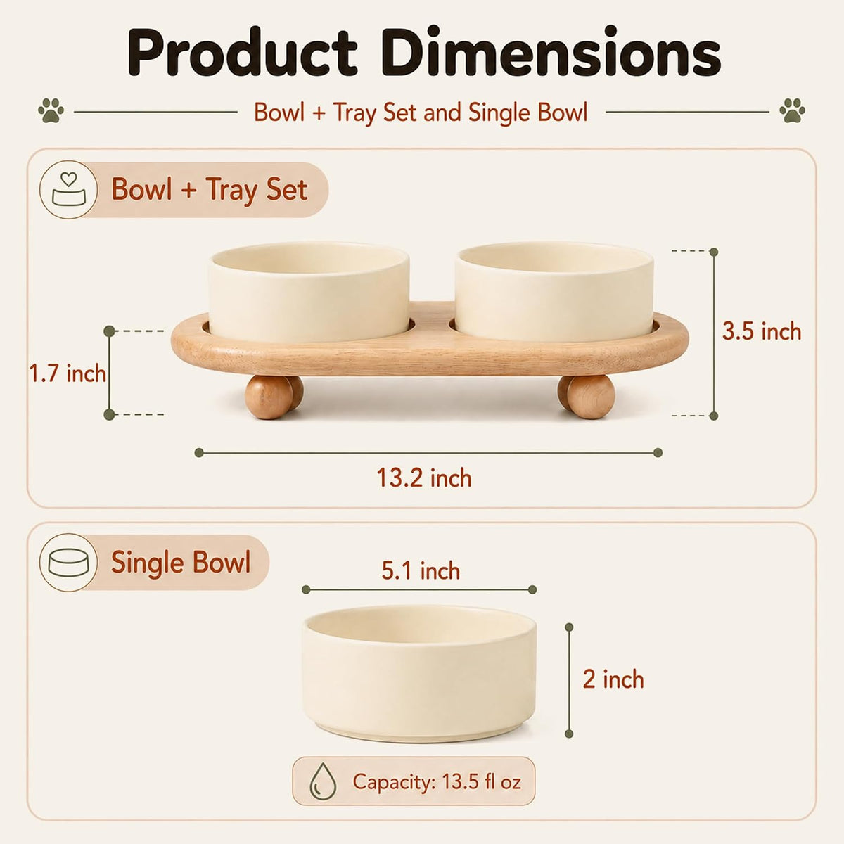 Cat Bowls Set of Two, 5.1” Ceramic Cat Food Bowls - Light Yellow / 2 Bowls+Tray - 5.1" - image 2