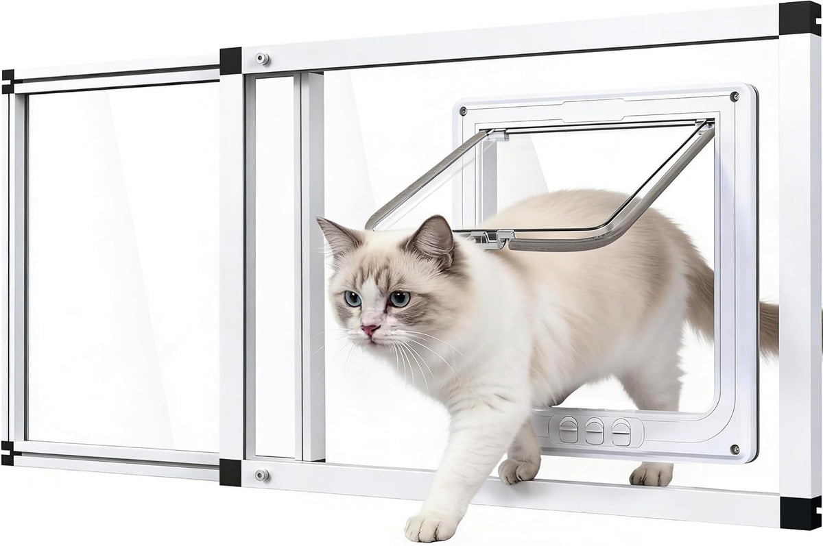 Full Glass Cat Door for Window, 32"-37" Adjustable Width - Fit 32"-37" Window Width