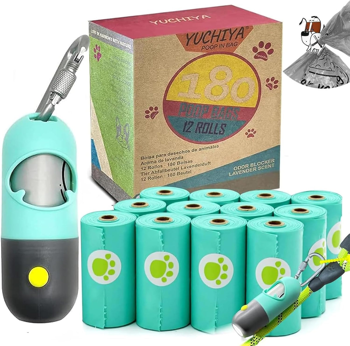 Dog Poop Waste Bags Holder with LED Flashlight - 1 Count (Pack of 13) / Mint Green