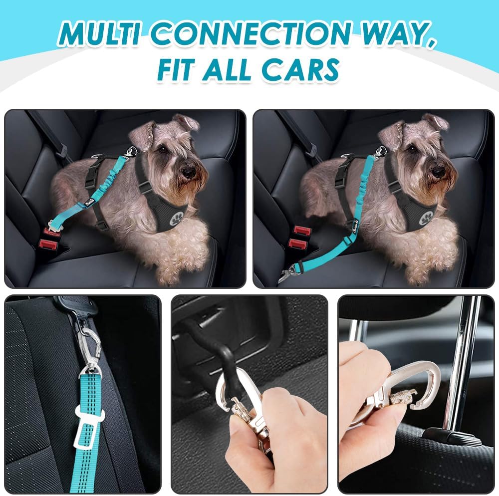 SlowTon Dog Seatbelt, 2 Pack Adjustable Heavy Duty Dog Safety Seat Belt – Essentials for Dogs - Light Blue / Seatbelt Clip + Carabiner - image 2