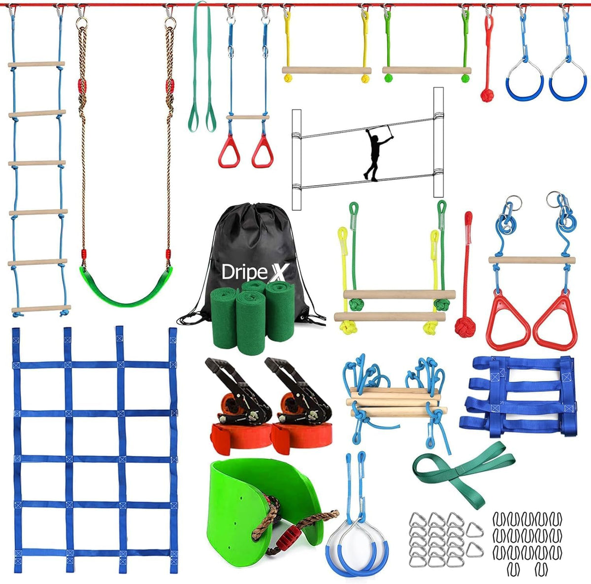Ninja Warrior Obstacle Course for Kids Backyard - 2x65FT + 10 attachments