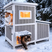 Outdoor & Indoor Wooden Cat House - Feeding Station – 36.1"W