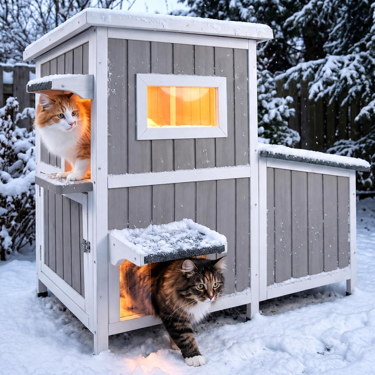 Outdoor & Indoor Wooden Cat House - Feeding Station – 36.1"W