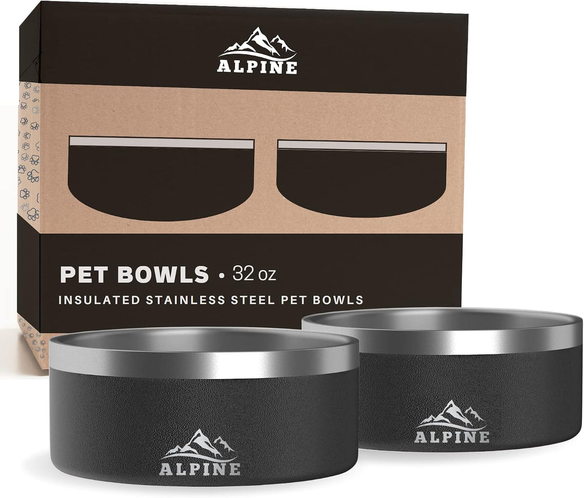 Alpine Set of 2 Stainless Steel Dog Bowls, Non Slip - 32 oz / Black