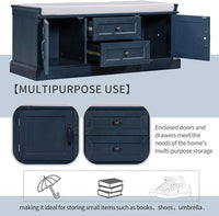 Storage Bench with 2 Drawers and 2 Cabinets, Pine Wood Shoe Bench with Removable Cushion for Living Room, Entryway 42.5" L x 15.9" W x 17.5" H (Antique Navy)
