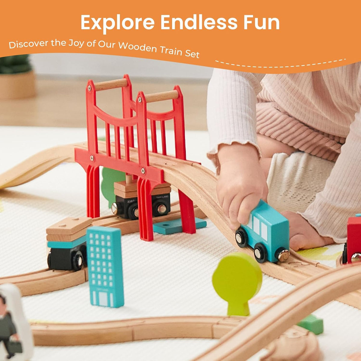 Tiny Land 39 Pcs Wooden Train Set for Toddler Ages3+ with Wooden - 39PCS Train Set - image 2