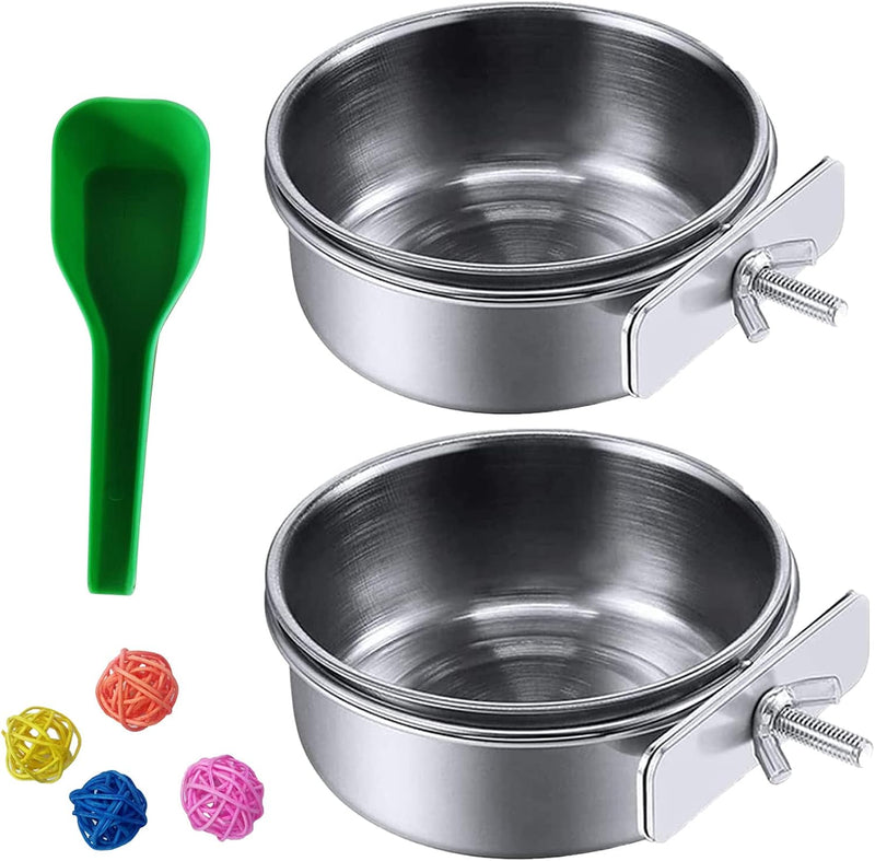 Parrot Feeding Dish Cups,Stainless Steel Bird Food Water Bowl Parakeet Feeder Birds Cage Ball Toys - 【2 PCS】 / 【L:5.5x2.0 Inches】