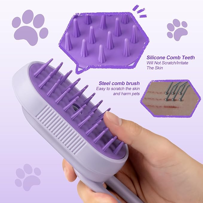 Steam Brush for Cat & Dog – 3-in-1 Spritz Pet Spray Hair Removal Comb for Grooming & Shedding Steam – Water Brush for Long & Short Haired Pets– Includes Two Bottles Waterless Shampoo