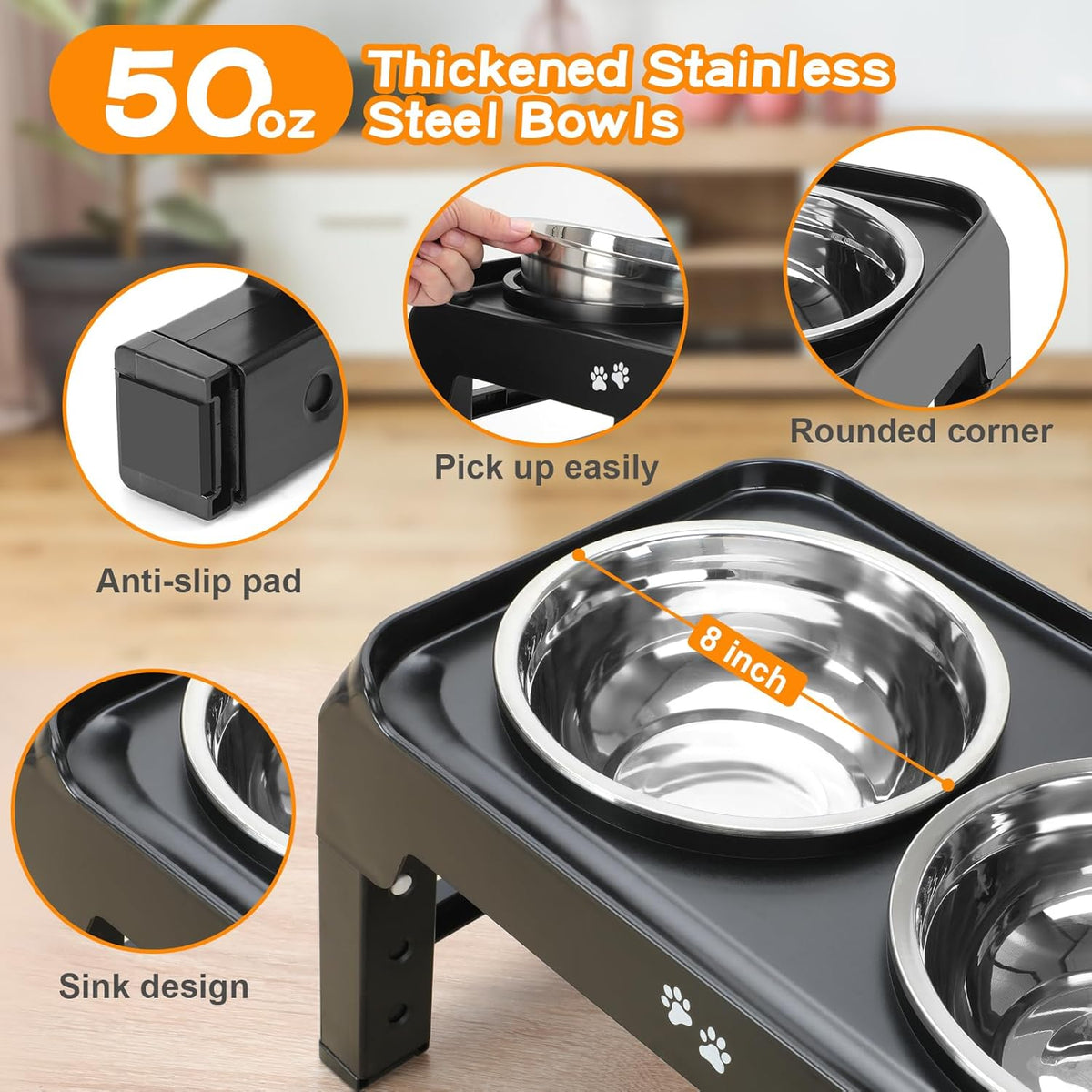 Elevated Bowls, 4 Height Adjustable Raised Stand With 2 Thick 50oz Stainless Steel Food Bowls - Black / 8" for Medium Dogs - image 4