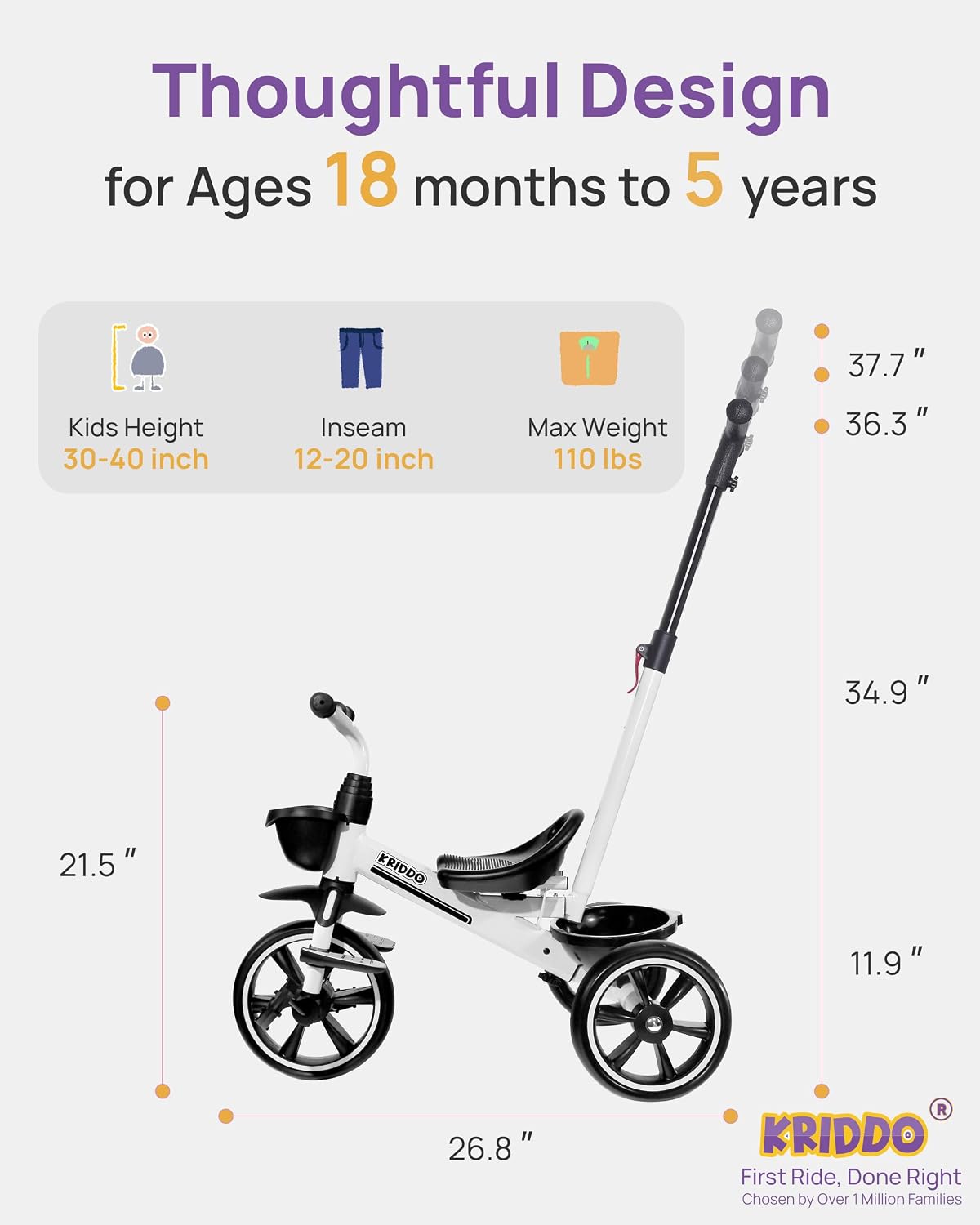 KRIDDO 2-in-1 Toddler Tricycle with Push Handle: Ages 18 Months to 5 - White - image 2