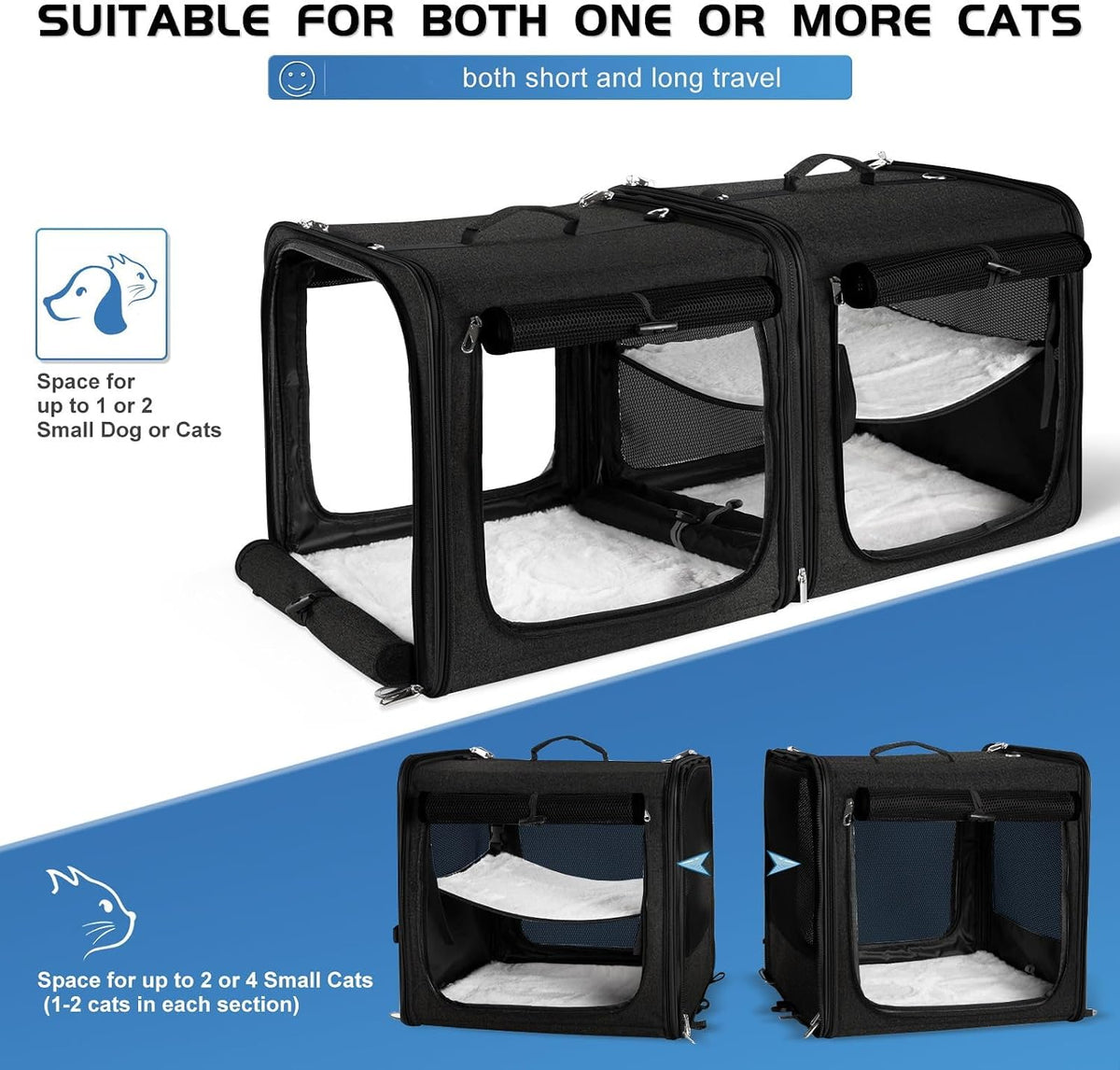 Extra Large Cat Carrier for 2 Cats with Travel Litter Box - Black / Dual Carriers - image 3