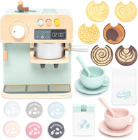 UMU wooden toy coffee maker for kids with lever, milk frother and grinder