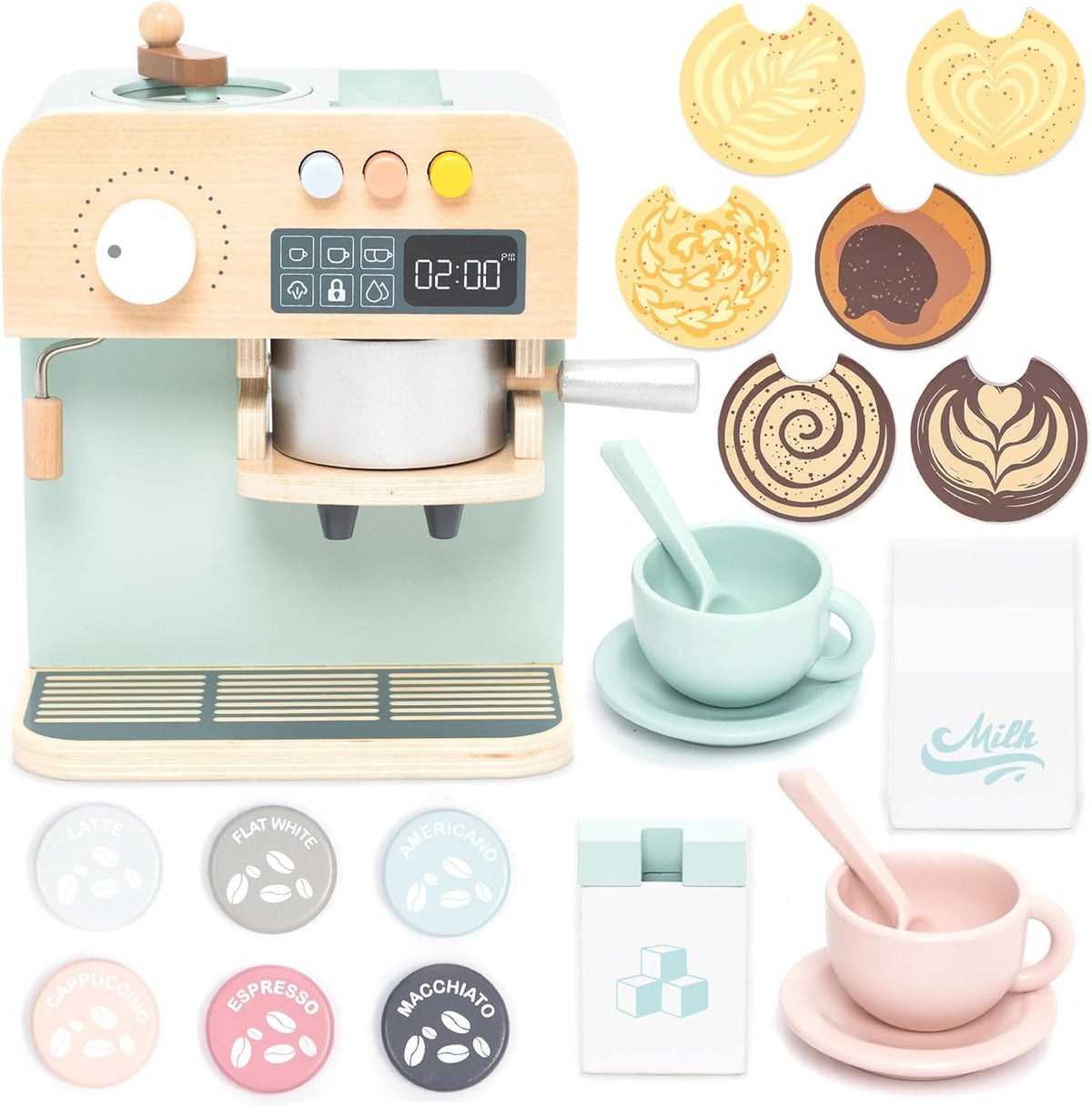 UMU wooden toy coffee maker for kids with lever, milk frother and grinder