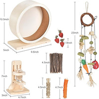 antiai 9.8 Inch Wooden Hamster Exercise Wheel Set,Silent Wheel Quiet Spinner Hamster Running Wheels,Hamster Water Feeder Accessories Chew Toys for Hamsters, Gerbils, Mice and Other Small Pets,9 pcs