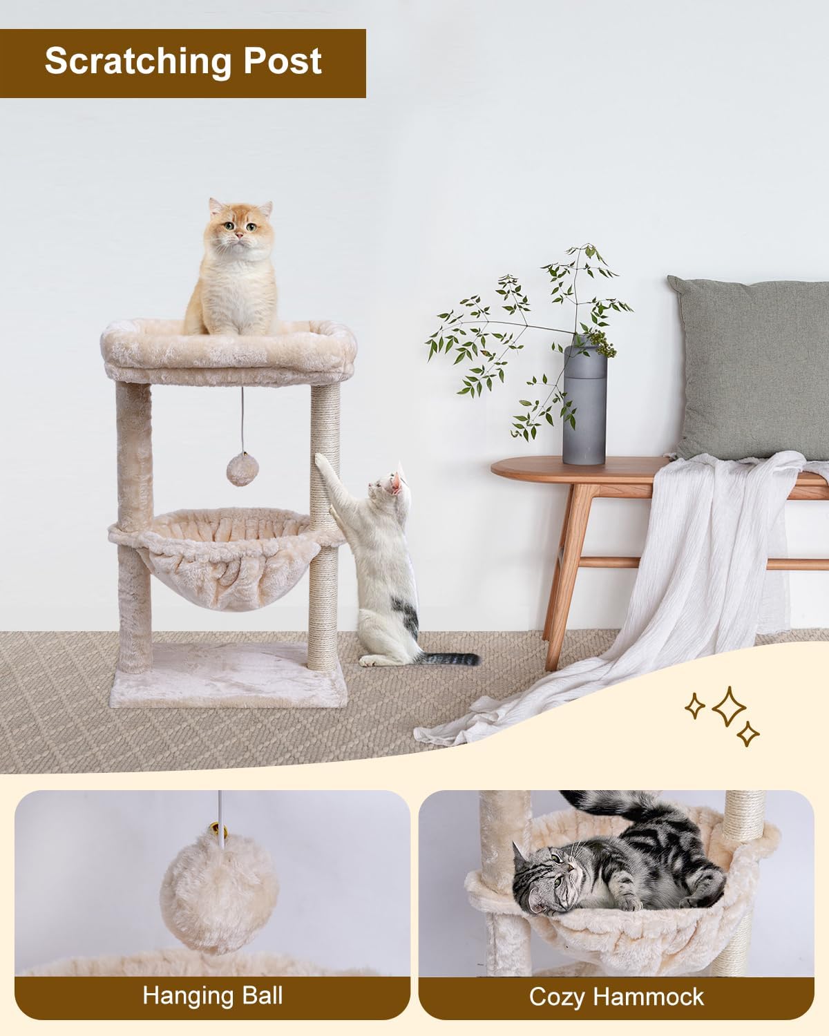 SYANDLVY Small Cat Tree for Indoor Cats - Beige / Top Perch with Basket - image 4