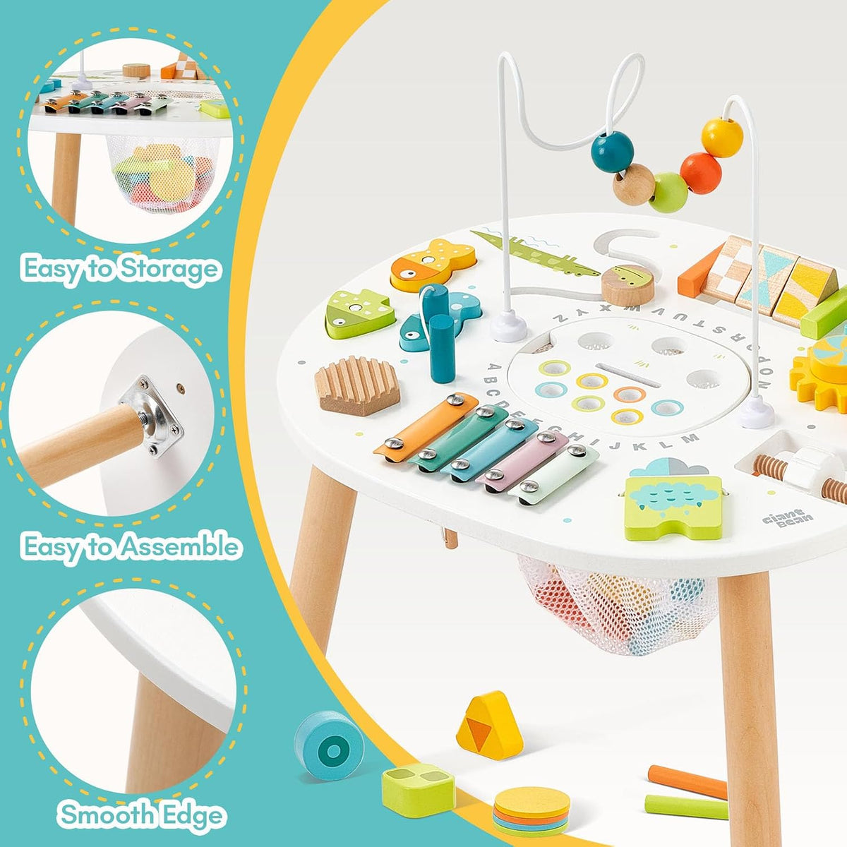 Giant bean wooden toddler activity table with bead maze, xylophone and shape sorter - view 4