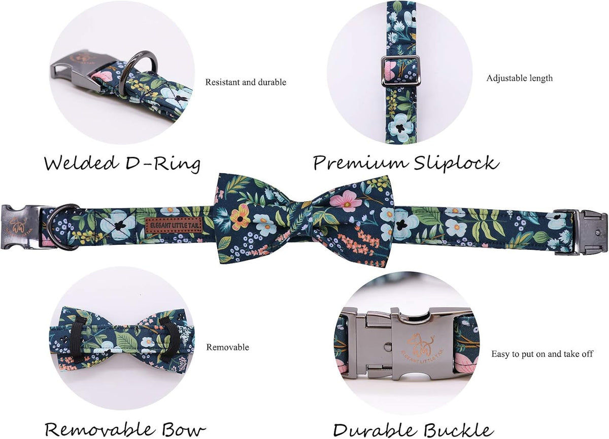 Dog Collar with Bow, Elegant Little Tail Blue Plaid Boy Dog Collar Cute Bow – Essentials for Dogs - Dark Blue Flower / X-Large (Pack of 1) - image 3