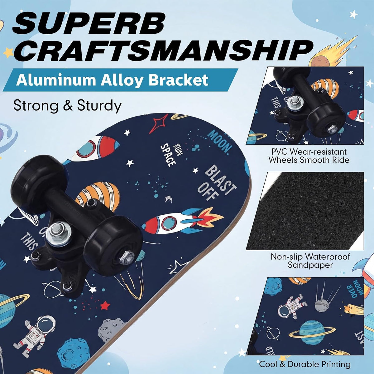 Honoson kids skateboard set with dinosaur print maple deck and black knee pads, elbow pads and wrist - view 15