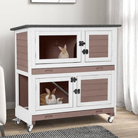 2-Story Rabbit Hutch Indoor Bunny Cage Wooden Guinea Pig House with Chew-Proof Ramp, Leakproof Slide-Out Trays, Lockable Caster Wheels for 1-3 Rabbits (Brown)
