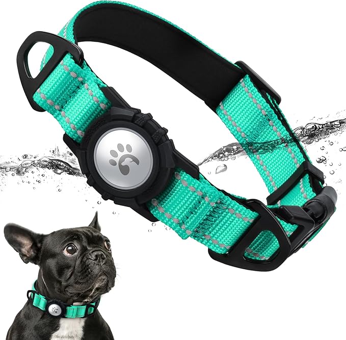 TagME Airtag Dog Collar,Waterproof Reflective Pet Collar with Airtag Holder,Soft Padded and Double D-Rings for Puppy,Turquoise