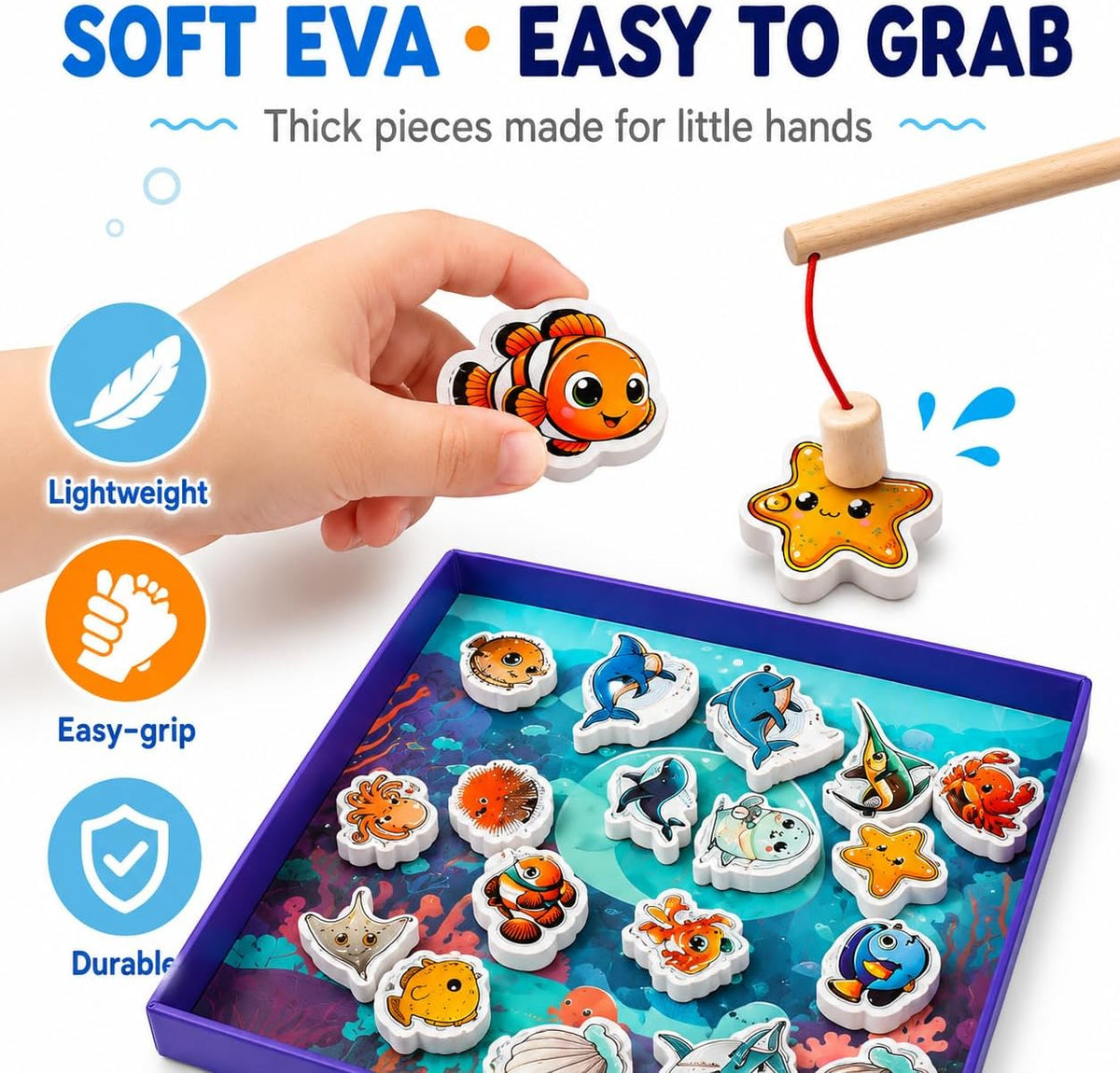 Travofun magnetic fishing game book open with ocean animal pieces and two wooden fishing rods - view 21