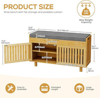 Shoe Storage Bench, Bamboo Entryway Bench with 2 Doors & Padded Seat Cushion, 35.4" W x 12.6" D x 19.7" H, 2-Tier Shoe Rack with Lift Top Hidden Storage, for Entryway, Living Room, Bedroom, Natural