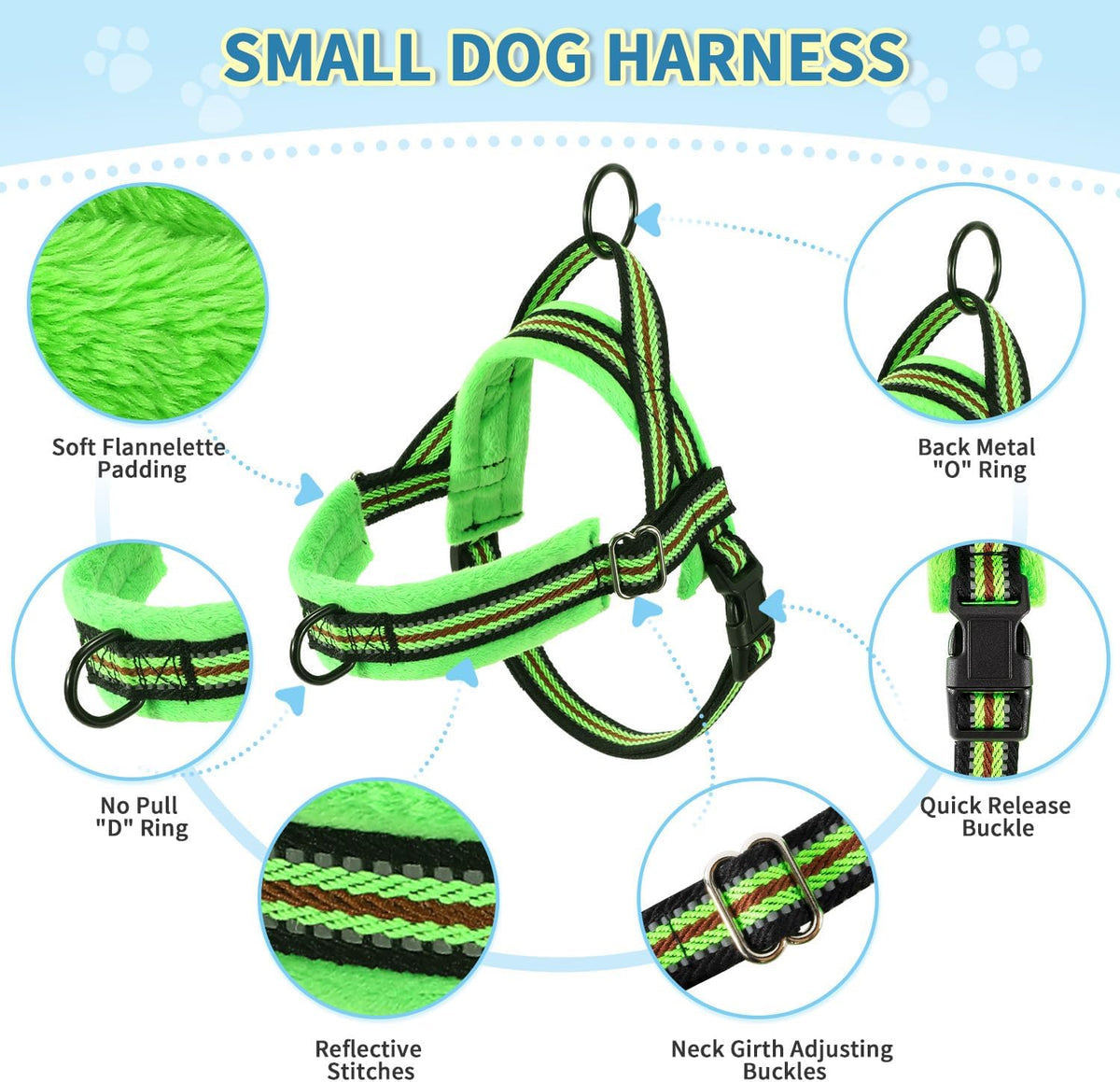 Lukovee Small Dog Harness and Leash Set, No Pull Soft Padded, XS - Green - with Stripe / XXS ( Chest 11.5'' ~ 15'') - image 2