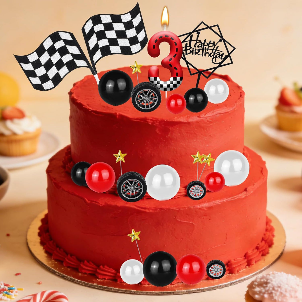ZSMKJIAYE 25 piece racing cake topper set, red white black with number 3 candle - view 38