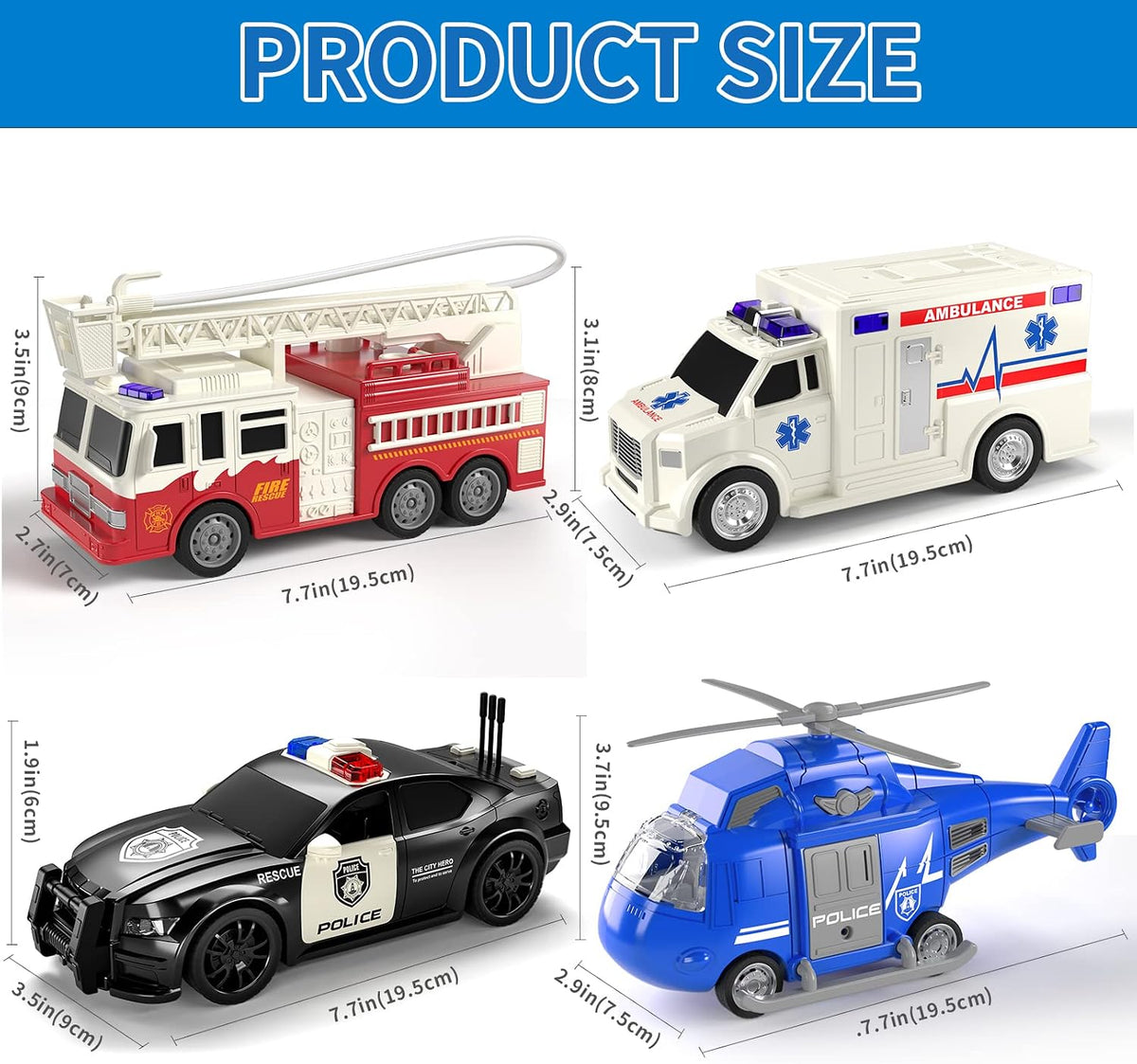 TEMI Emergency Vehicle Toys, Ambulance, Fire Truck, Police Car - image 2