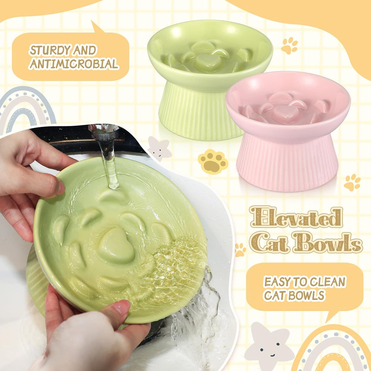 Layhit 2 Pack Raised Slow Feeder Cat Bowls Ceramic Elevated Cat Food - Green, Pink - image 3