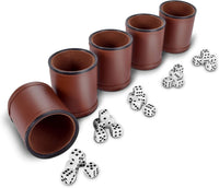 RNK Gaming brown PU leather dice cups with velvet lining, set of 5 with 25 white dice