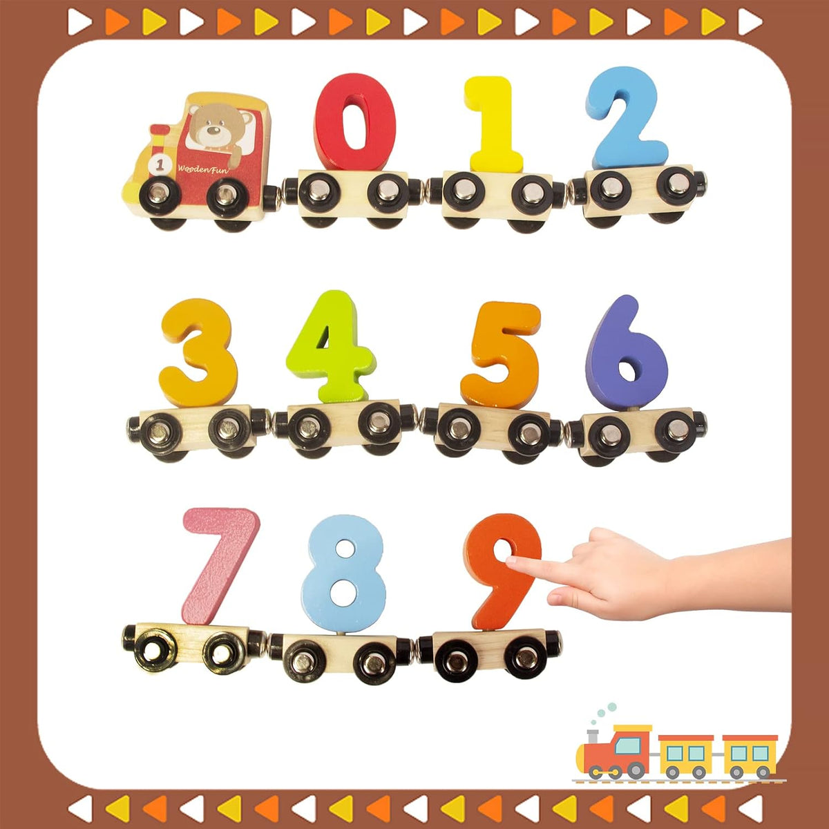 WOODENFUN magnetic wooden number train set with colorful numbered cars linked in a row - view 2