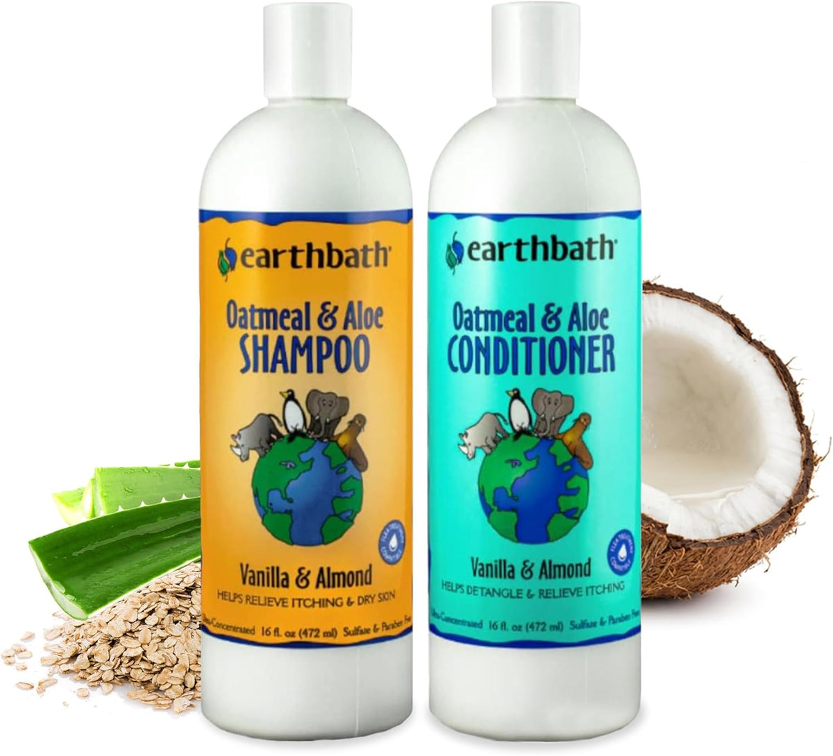 earthbath Oatmeal & Aloe Dog Shampoo and Conditioner - Vanilla & Almond / 16 Fl Oz (Pack of 2)