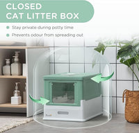 PawHut Fully Enclosed Litter Box with Scoop, Hooded Litter House with Drawer Tray, Foldable Smell Proof Cat Potty with Front Entry, Top Exit, Portable Pet Toilet with Large Space, Green