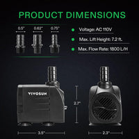 VIVOSUN 480GPH submersible water pump with adjustable flow valve and suction cups - view 2