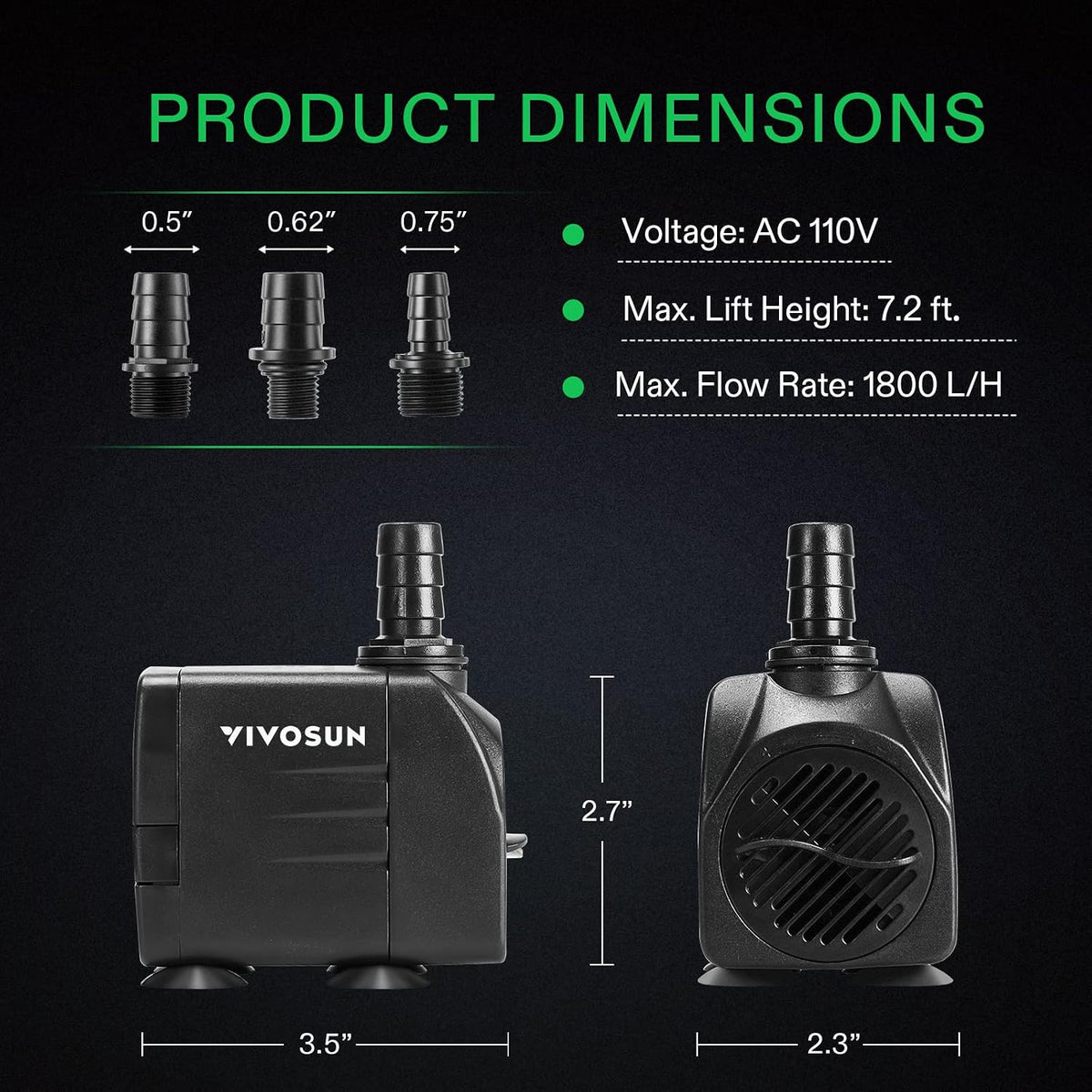 VIVOSUN 480GPH submersible water pump with adjustable flow valve and suction cups - view 2