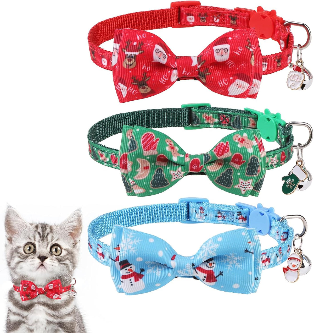 Halloween Cat Collar Breakaway with Bowtie and Bells - Xmas Color