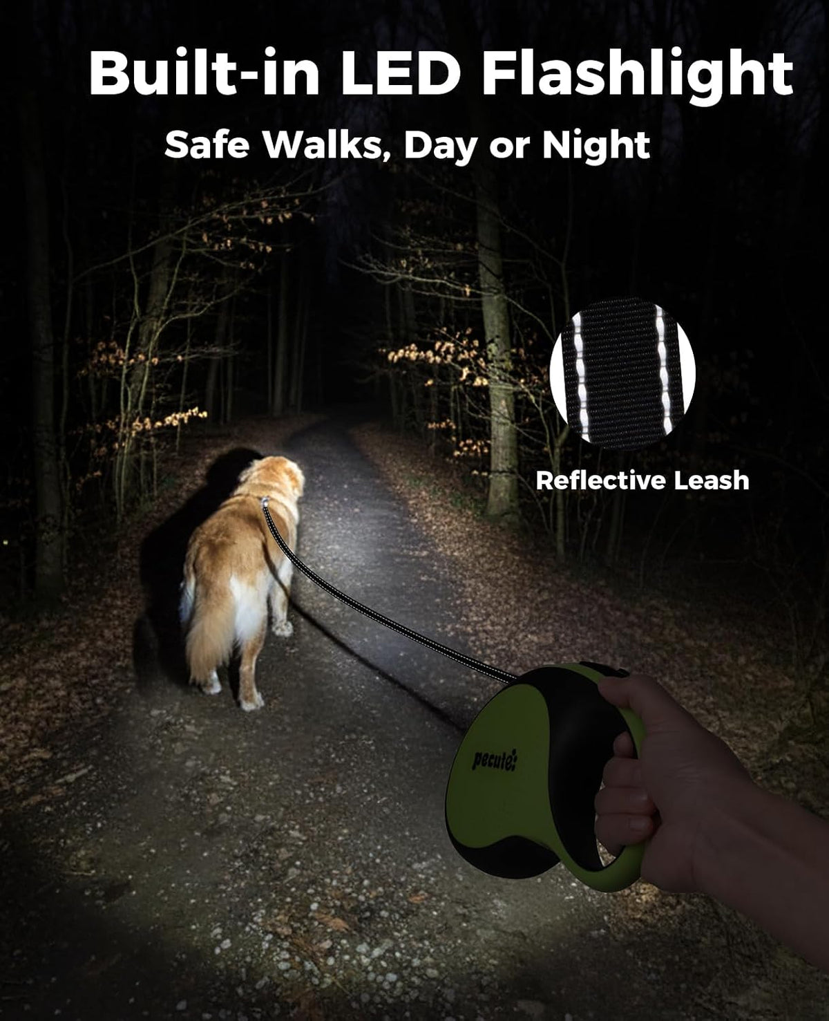 Retractable Dog Leash with Light, 360° Tangle-Free - Green with LED light / Medium-16.4ft - image 3