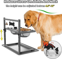 SHAINFUN Grey Raised Dog Bowl Stand with Two 1700ml Stainless Steel Food Bowl, a Slow Feeder and Silicone Pet Feeding Mat, Adjustable Dog Feeder, Elevated Dog Bowls for Large Medium and Small Dogs