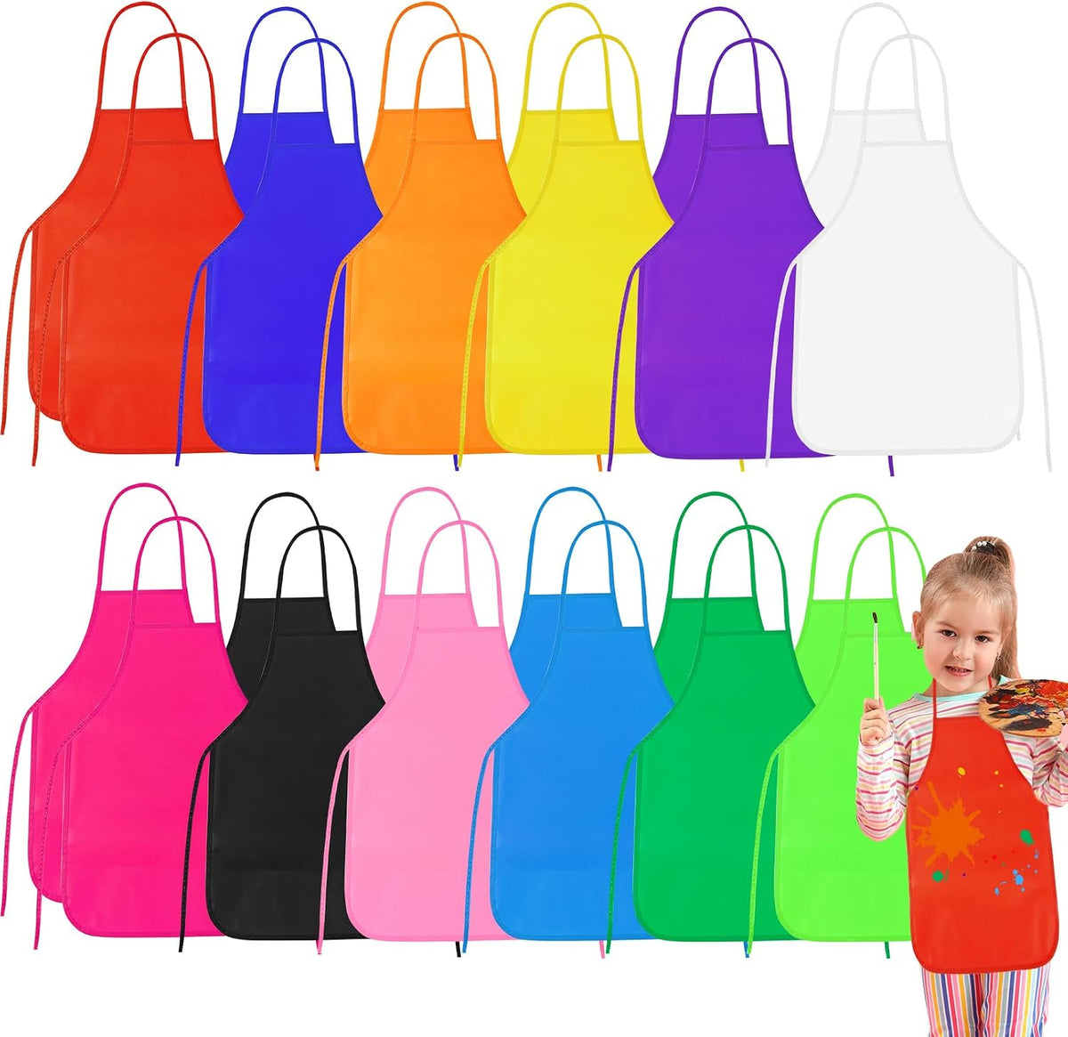 PLULON kids painting aprons in 12 bright colors with ties