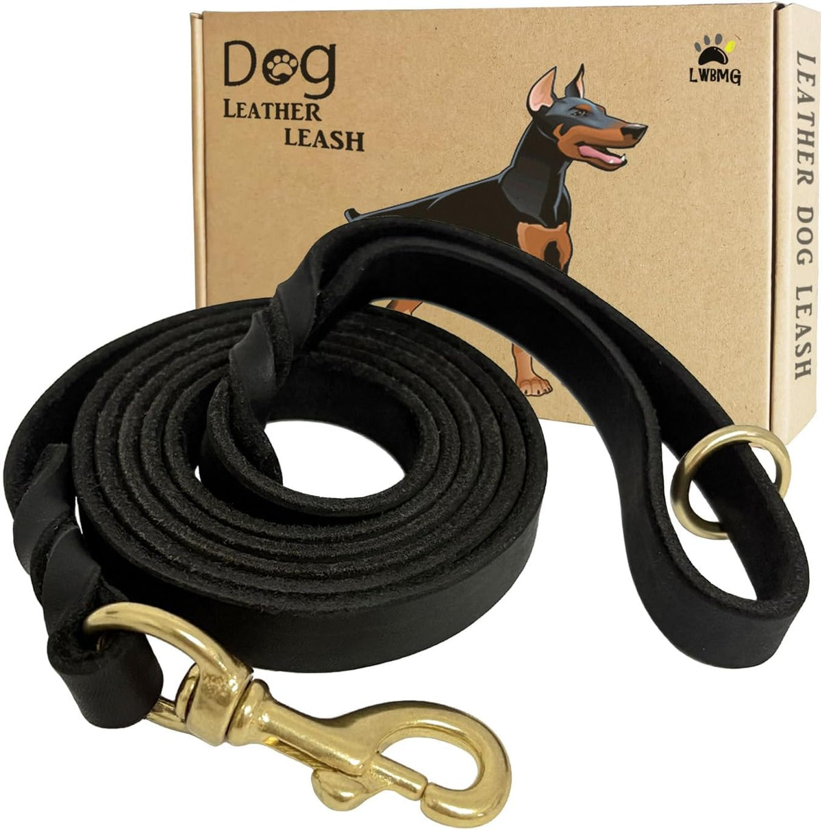 LWBMG Leather Dog Leash 6ft x 3/4 inch - 8 ft x 3/4 inch / Black