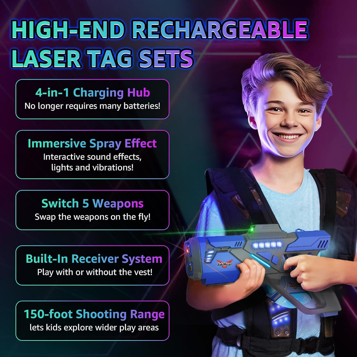 Rechargeable Laser Tag Set with Vests - 4 Gray / 4 - image 2