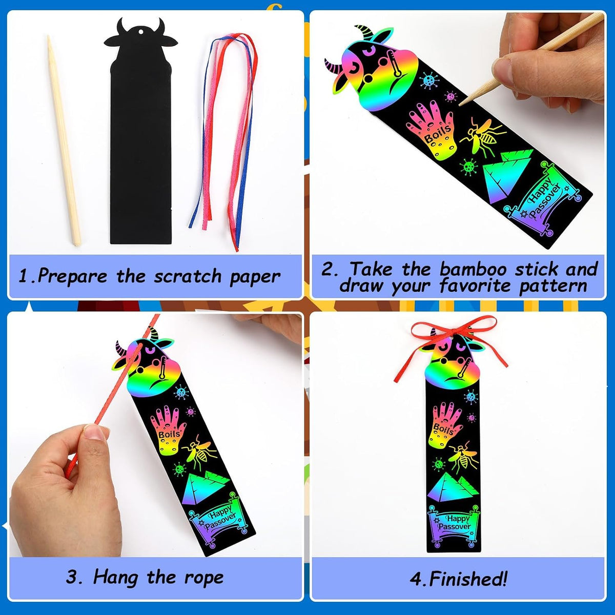 JUNEBRUSHS rainbow scratch art bookmarks with bamboo scratch sticks and colored satin ropes - view 20