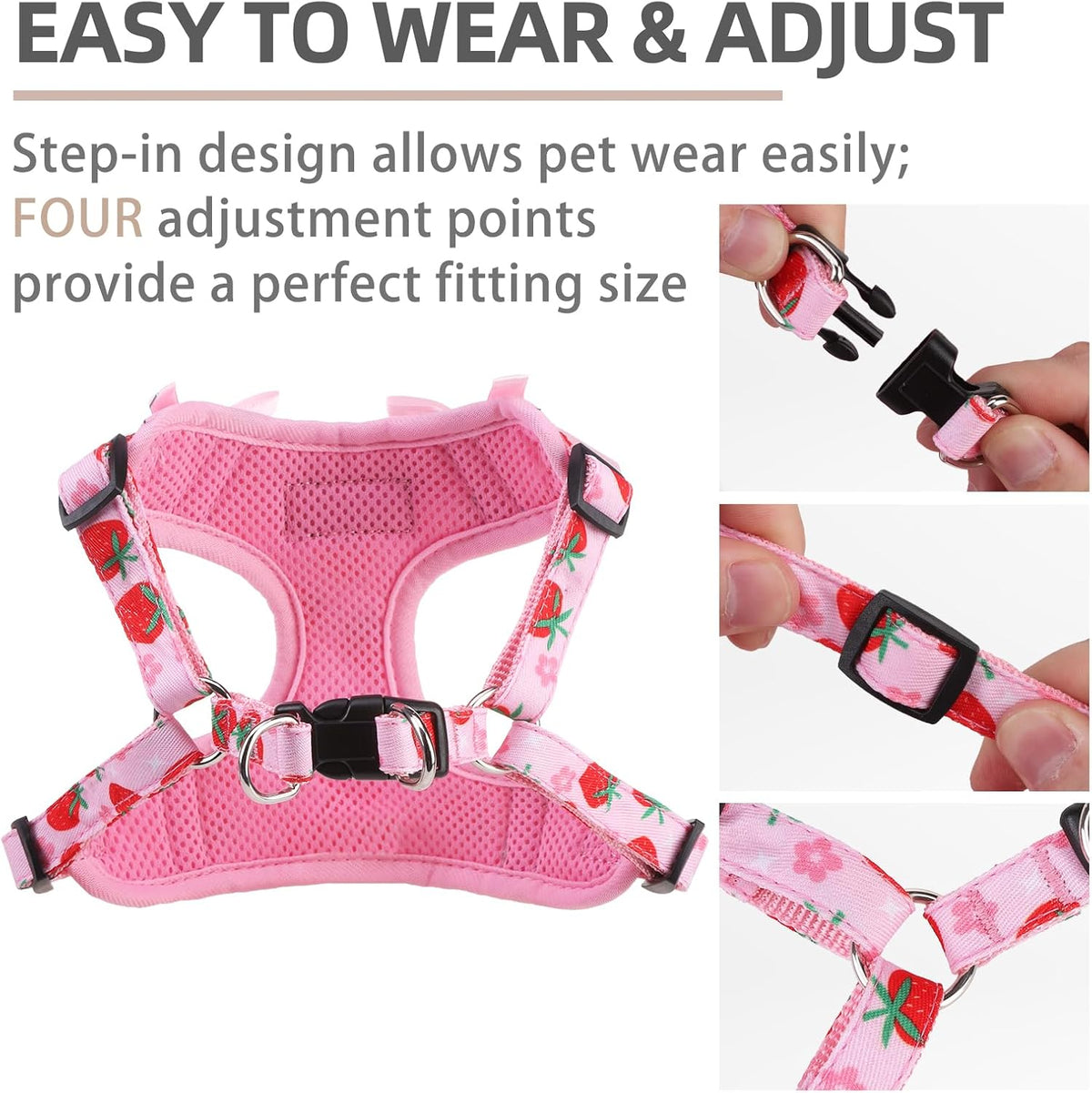 PUPTECK Dog Harness and Leash Set Small Sized - XS (9-13lbs, Chest 14"-16") / #2 Pink(Strawberry Print) - image 3