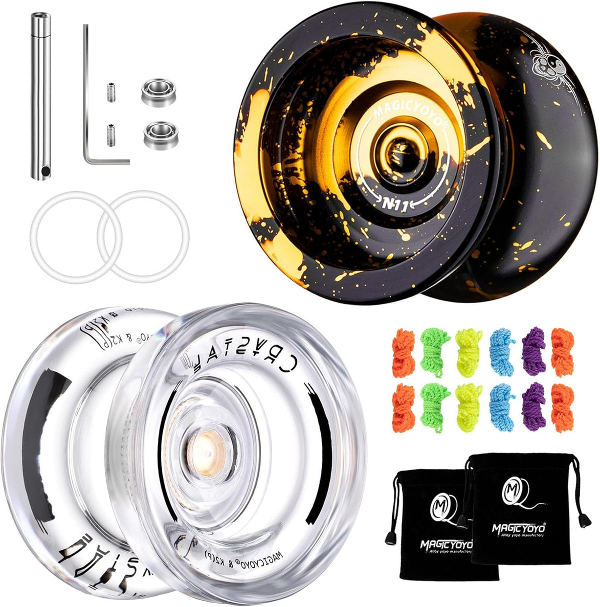 MAGICYOYO N11 Metal Yoyo Professional Responsive & Unresponsive Trick - N11 Blak Golden+K2 Crystal